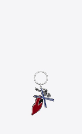 SAINT LAURENT Key Ring Woman BOUCHE SAINT LAURENT Key Ring in Silver-Toned Metal and Black and White Enamel a_V4